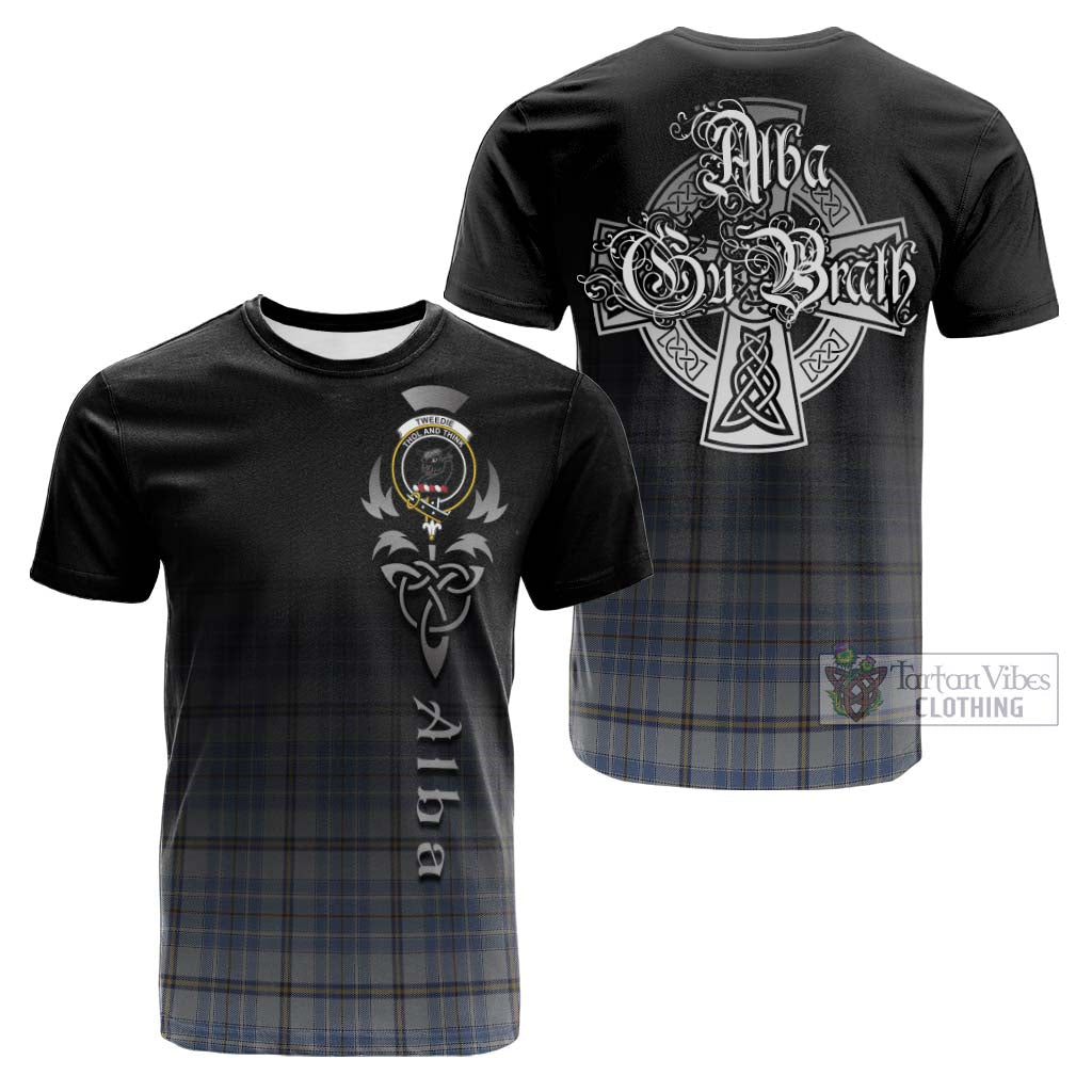 Tartan Vibes Clothing Tweedie Tartan Cotton T-shirt Featuring Alba Gu Brath Family Crest Celtic Inspired