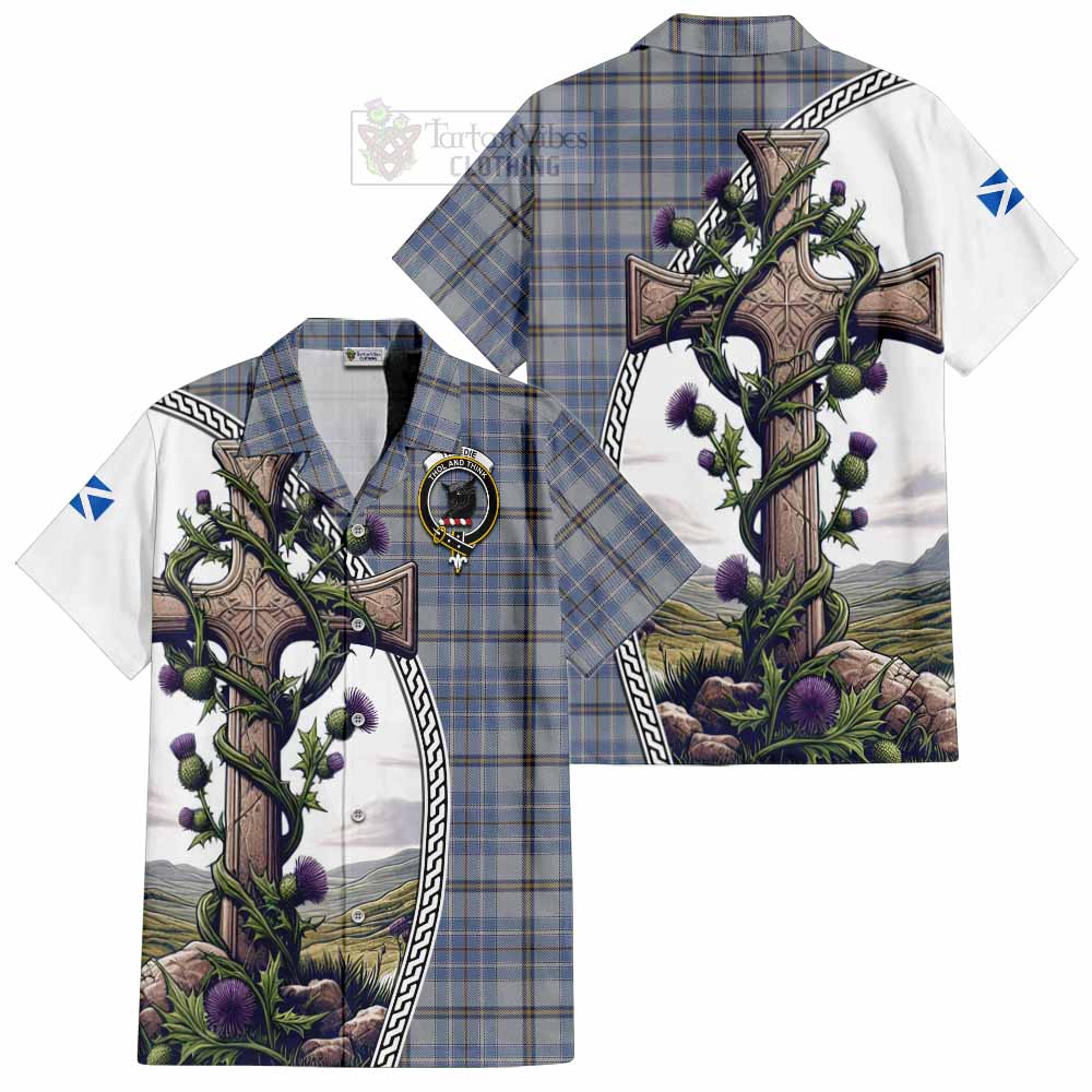 Tartan Vibes Clothing Tweedie Tartan Short Sleeve Button Shirt with Family Crest and St. Andrew's Cross Accented by Thistle Vines