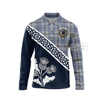 Tweedie Tartan Long Sleeve Polo Shirt Featuring Thistle and Scotland Map