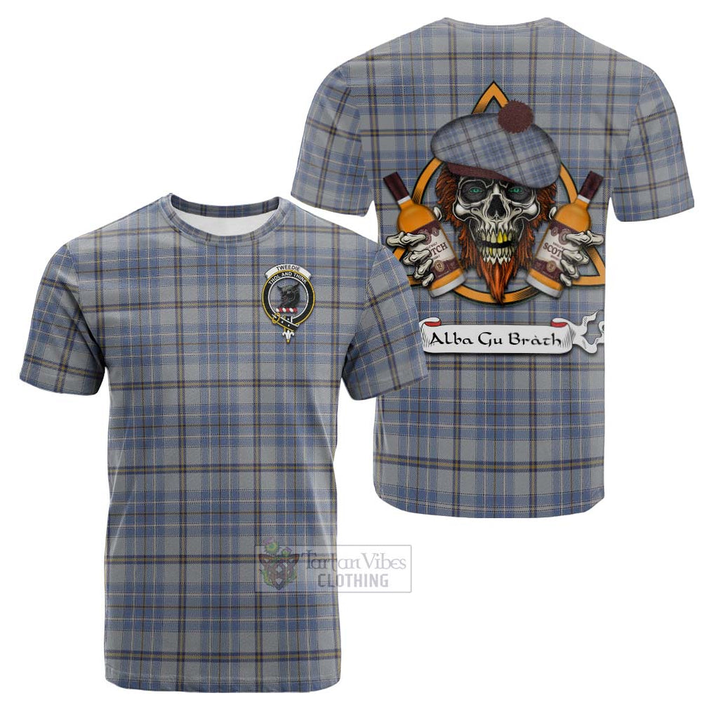 Tartan Vibes Clothing Tweedie Tartan Cotton T-shirt with Family Crest and Bearded Skull Holding Bottles of Whiskey