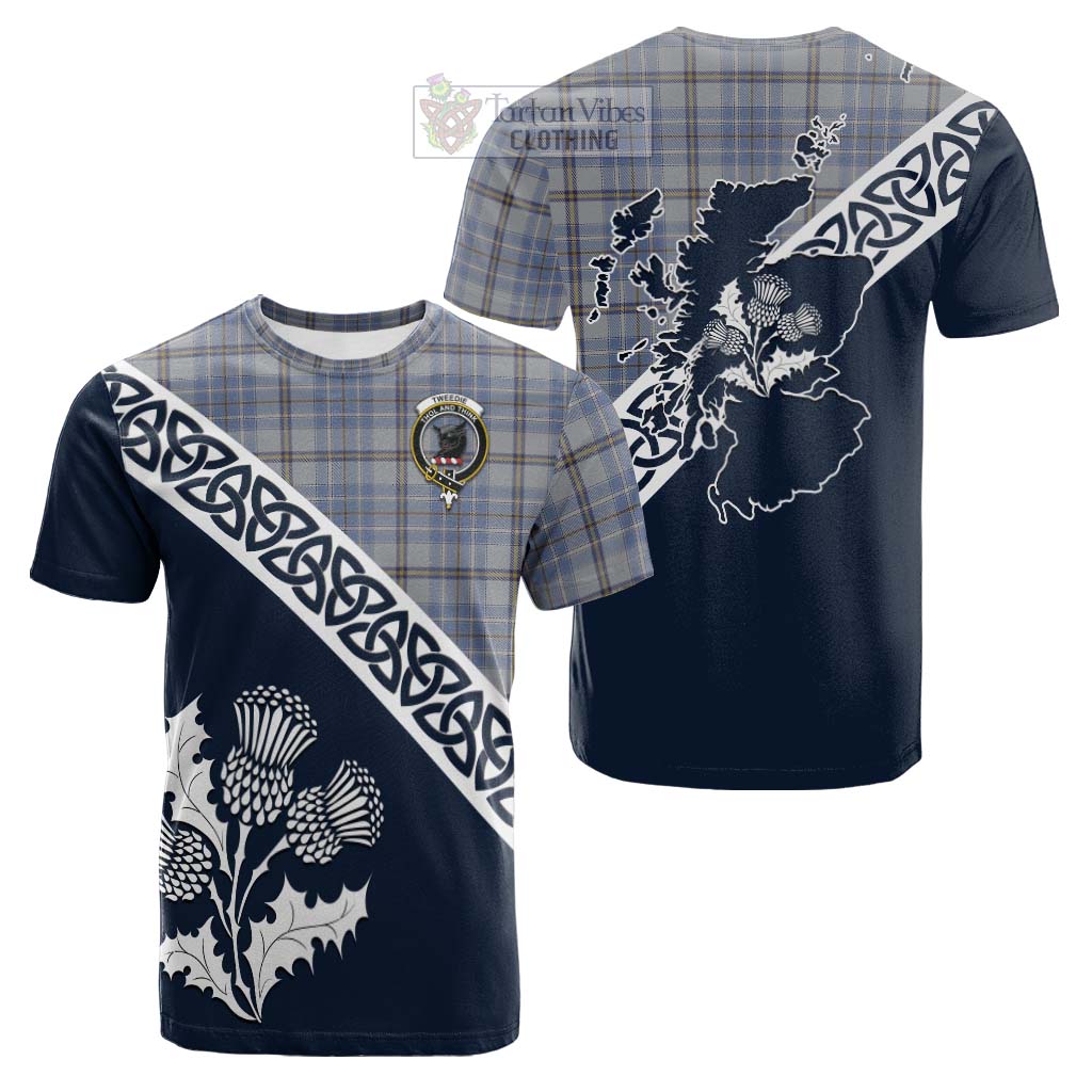 Tartan Vibes Clothing Tweedie Tartan Cotton T-shirt Featuring Thistle and Scotland Map