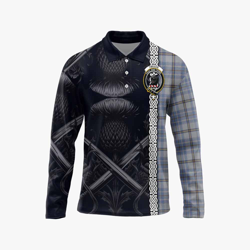 Tartan Vibes Clothing Tweedie Tartan Long Sleeve Polo Shirt with Family Crest Cross Sword Thistle Celtic Vibes