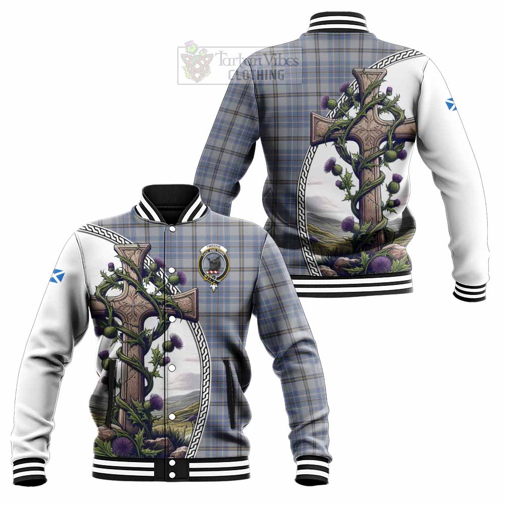 Tartan Vibes Clothing Tweedie Tartan Baseball Jacket with Family Crest and St. Andrew's Cross Accented by Thistle Vines