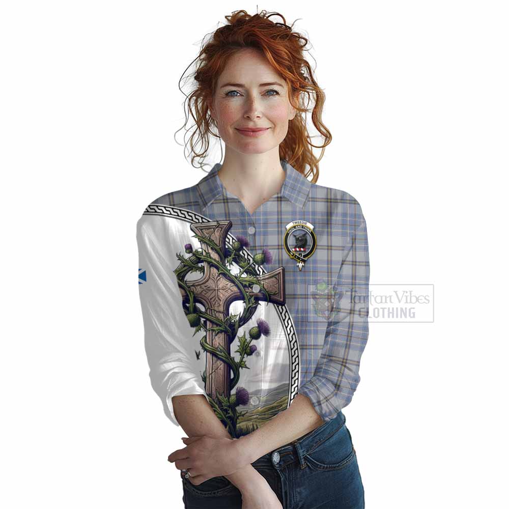 Tartan Vibes Clothing Tweedie Tartan Women's Casual Shirt with Family Crest and St. Andrew's Cross Accented by Thistle Vines