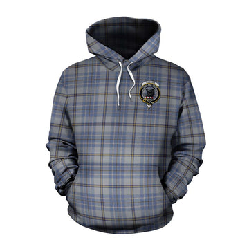 Tweedie Tartan Cotton Hoodie with Family Crest and Bearded Skull Holding Bottles of Whiskey