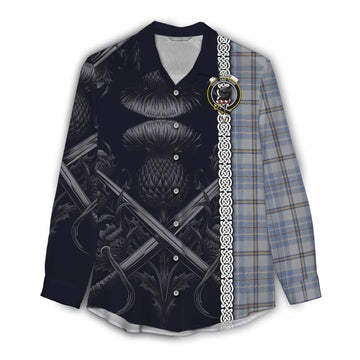 Tweedie Tartan Women's Casual Shirt with Family Crest Cross Sword Thistle Celtic Vibes