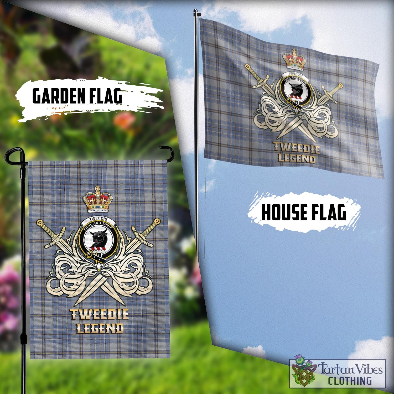 Tartan Vibes Clothing Tweedie Tartan Flag with Clan Crest and the Golden Sword of Courageous Legacy