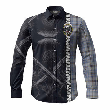 Tweedie Tartan Long Sleeve Button Shirt with Family Crest Cross Sword Thistle Celtic Vibes