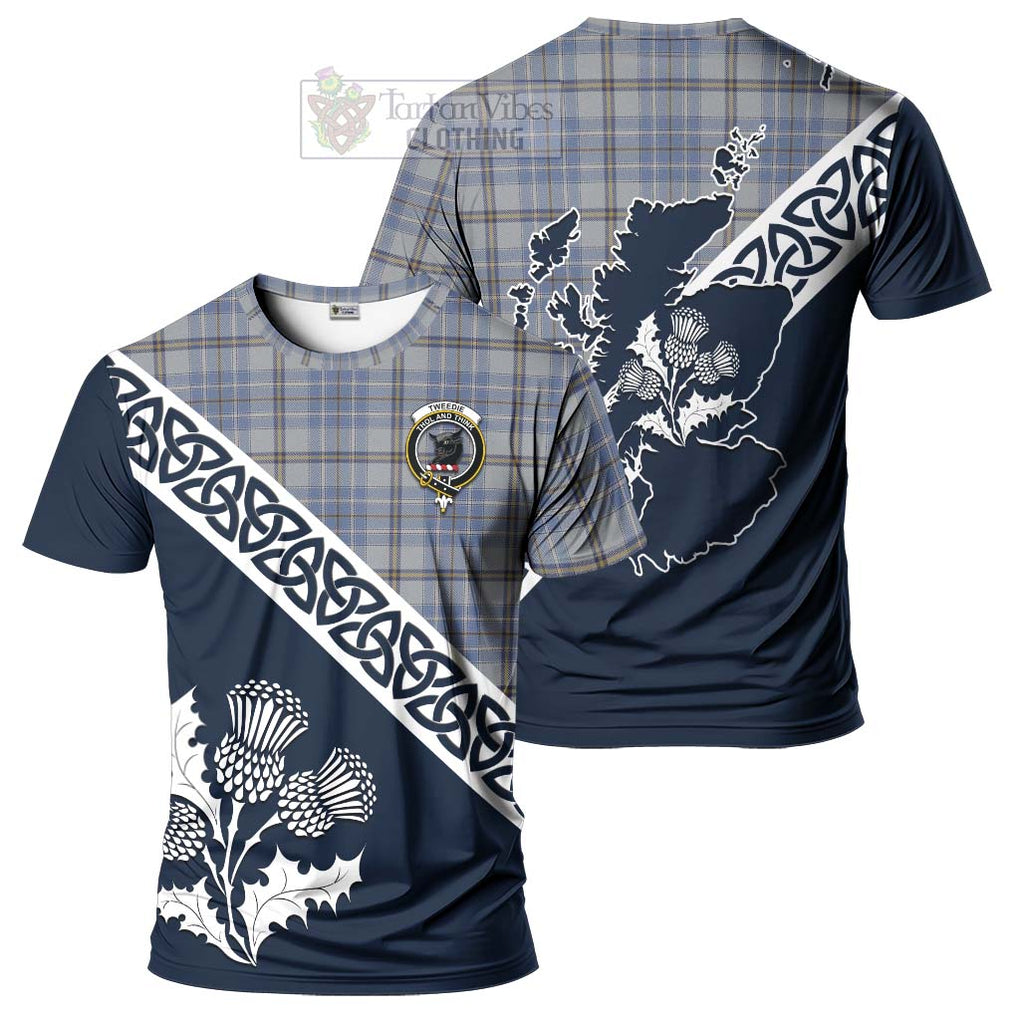 Tweedie Tartan T-Shirt Featuring Thistle and Scotland Map