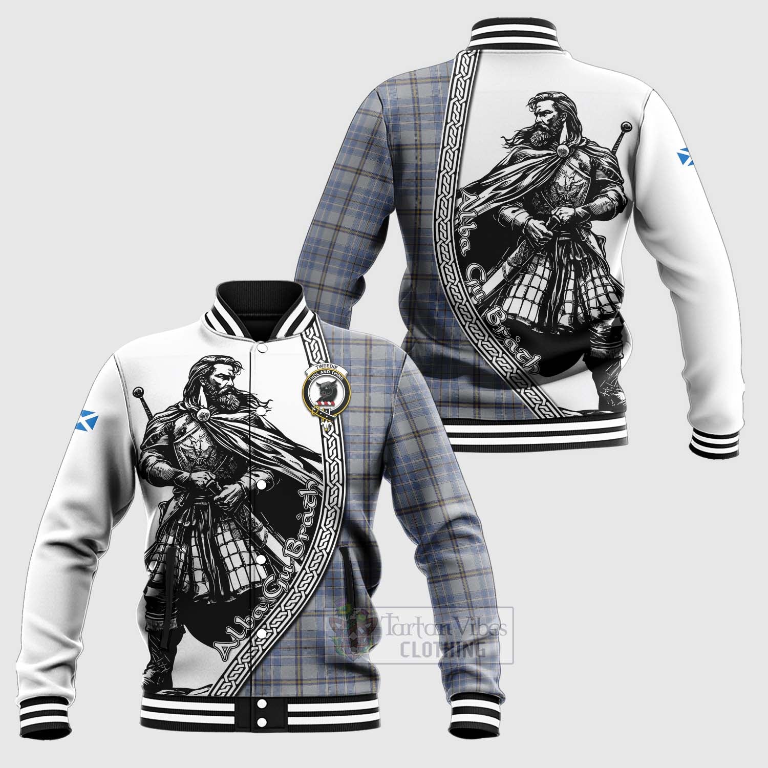 Tartan Vibes Clothing Tweedie Tartan Clan Crest Baseball Jacket with Highlander Warrior Celtic Style