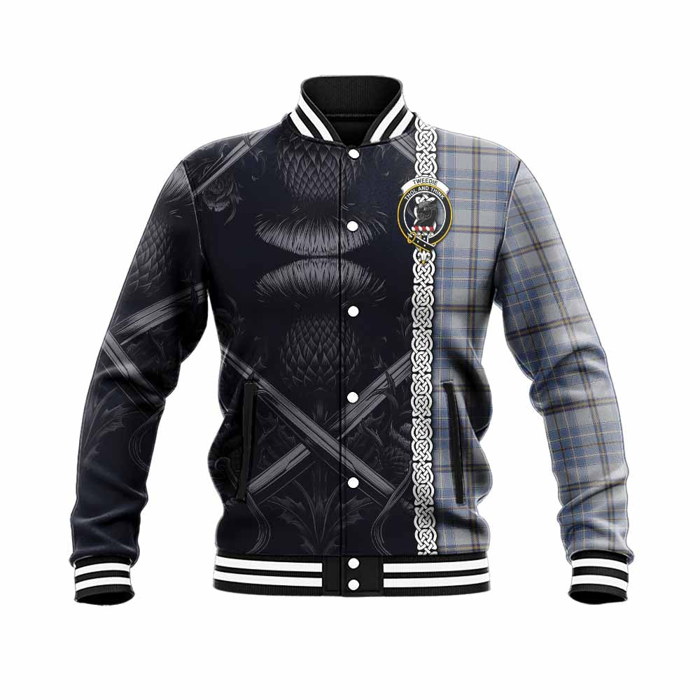 Tartan Vibes Clothing Tweedie Tartan Baseball Jacket with Family Crest Cross Sword Thistle Celtic Vibes