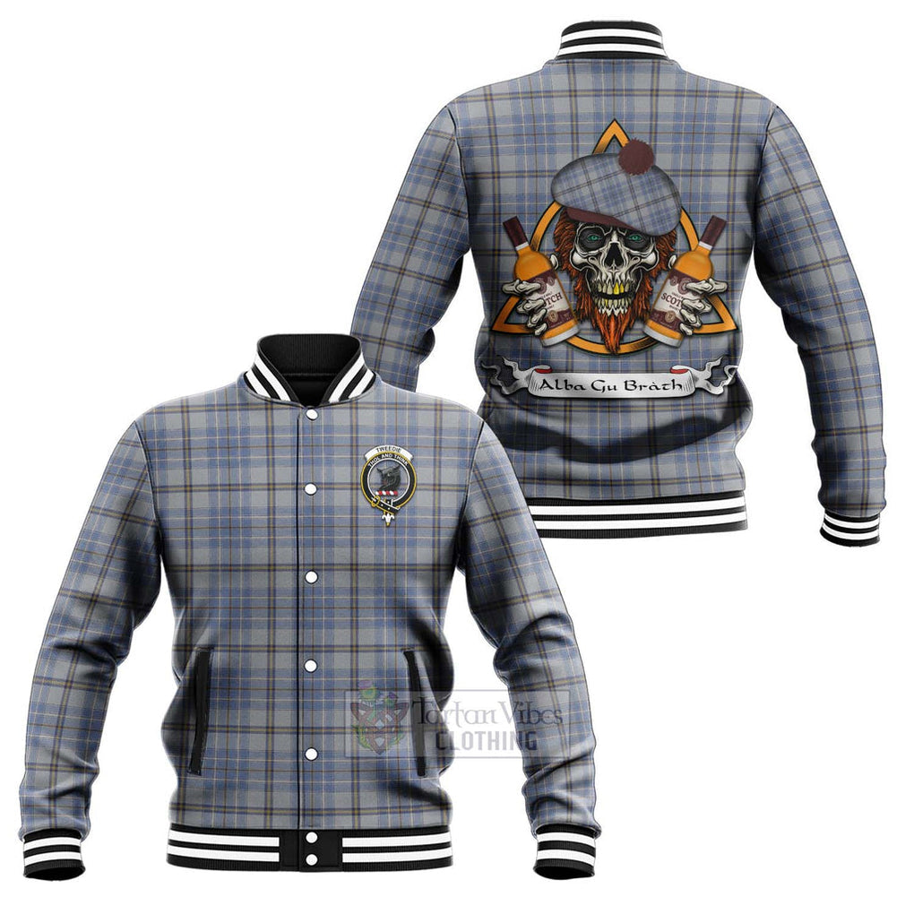 Tartan Vibes Clothing Tweedie Tartan Baseball Jacket with Family Crest and Bearded Skull Holding Bottles of Whiskey