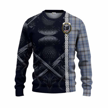 Tweedie Tartan Knitted Sweater with Family Crest Cross Sword Thistle Celtic Vibes