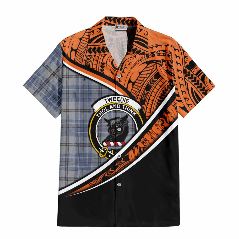 Tartan Vibes Clothing Tweedie Crest Tartan Short Sleeve Button Shirt with Maori Tattoo Style - Orange Version