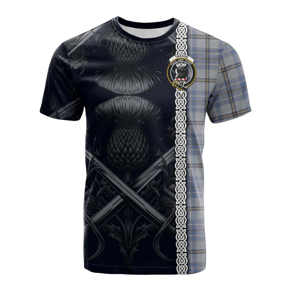 Tartan Vibes Clothing Tweedie Tartan Cotton T-shirt with Family Crest Cross Sword Thistle Celtic Vibes