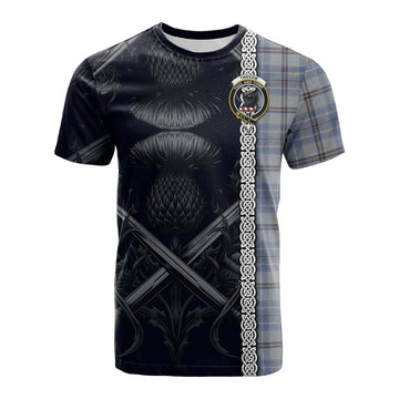 Tweedie Tartan Cotton T-shirt with Family Crest Cross Sword Thistle Celtic Vibes