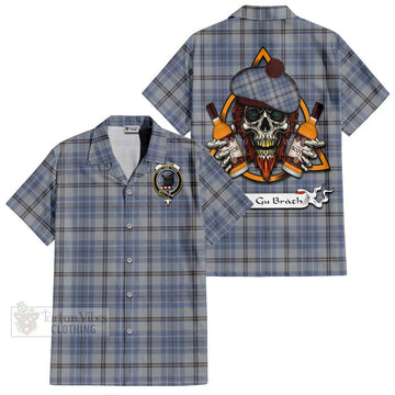 Tweedie Tartan Short Sleeve Button Shirt with Family Crest and Bearded Skull Holding Bottles of Whiskey