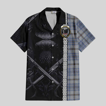 Tweedie Tartan Short Sleeve Button Shirt with Family Crest Cross Sword Thistle Celtic Vibes