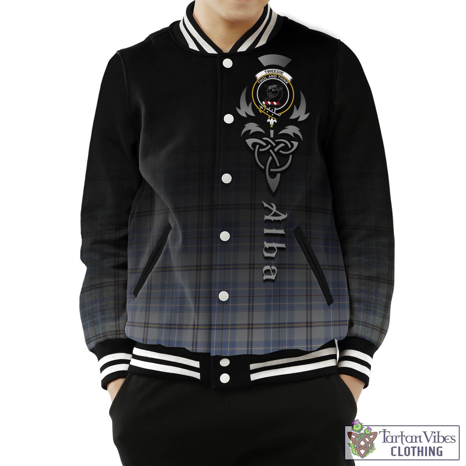 Tartan Vibes Clothing Tweedie Tartan Baseball Jacket Featuring Alba Gu Brath Family Crest Celtic Inspired