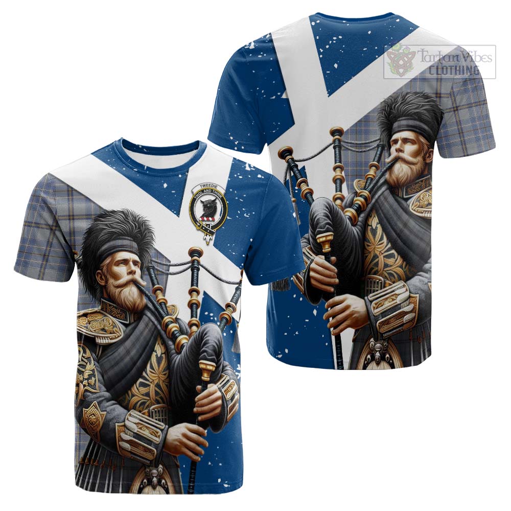 Tartan Vibes Clothing Tweedie Tartan Cotton T-shirt with Family Crest Scottish Bagpiper Vibes