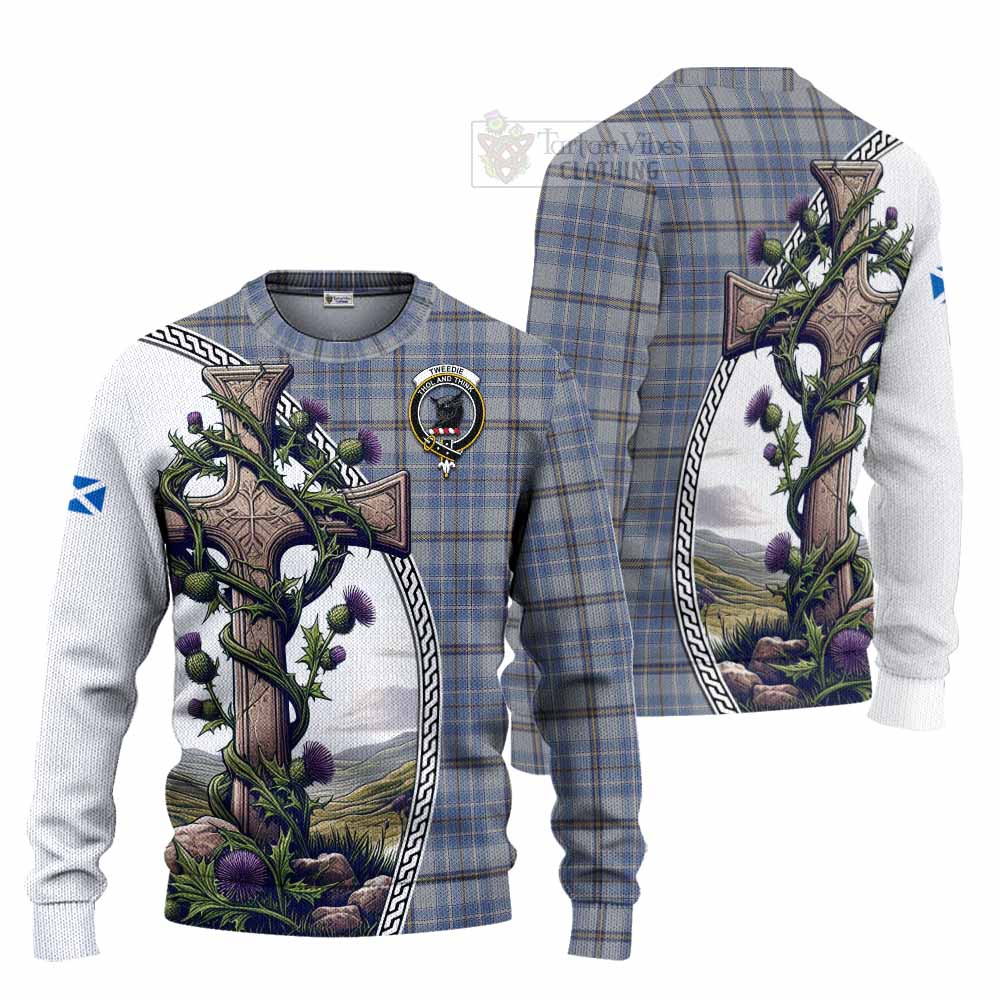 Tartan Vibes Clothing Tweedie Tartan Knitted Sweater with Family Crest and St. Andrew's Cross Accented by Thistle Vines