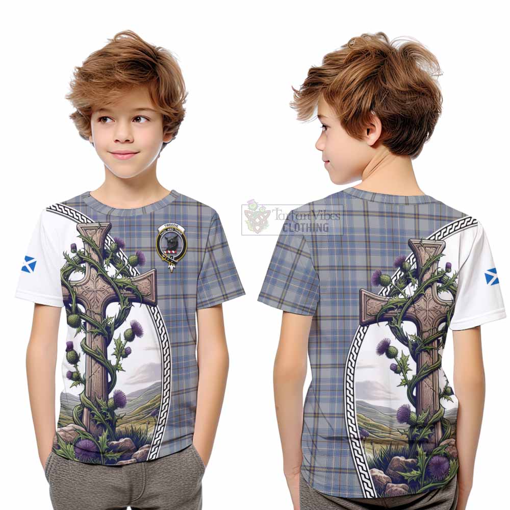 Tartan Vibes Clothing Tweedie Tartan Kid T-Shirt with Family Crest and St. Andrew's Cross Accented by Thistle Vines