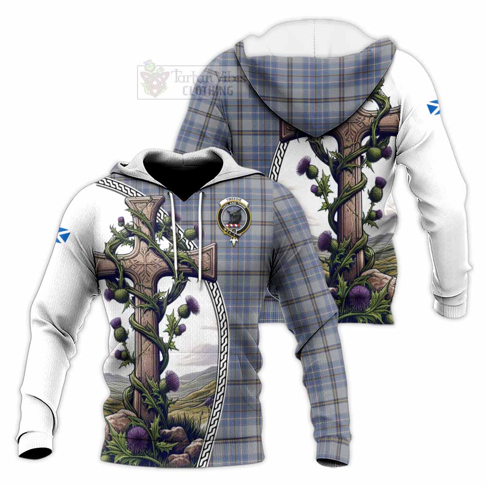 Tartan Vibes Clothing Tweedie Tartan Knitted Hoodie with Family Crest and St. Andrew's Cross Accented by Thistle Vines