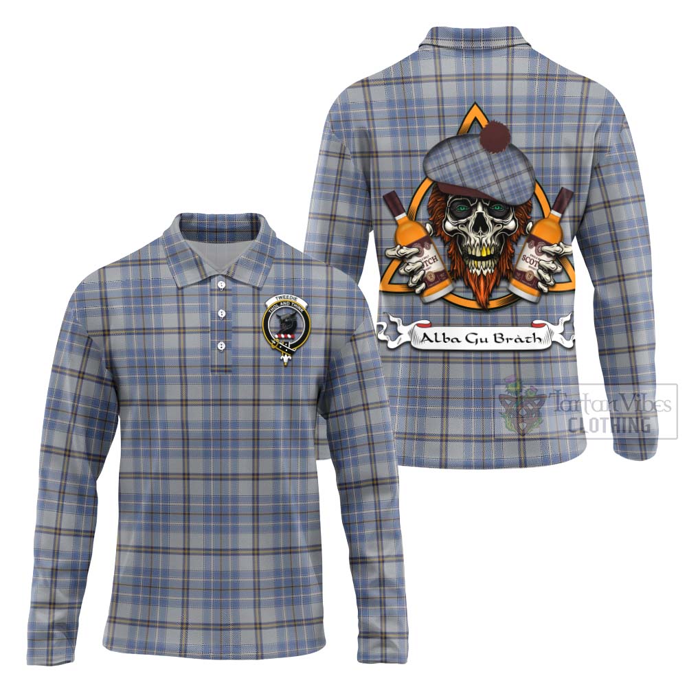 Tartan Vibes Clothing Tweedie Tartan Long Sleeve Polo Shirt with Family Crest and Bearded Skull Holding Bottles of Whiskey