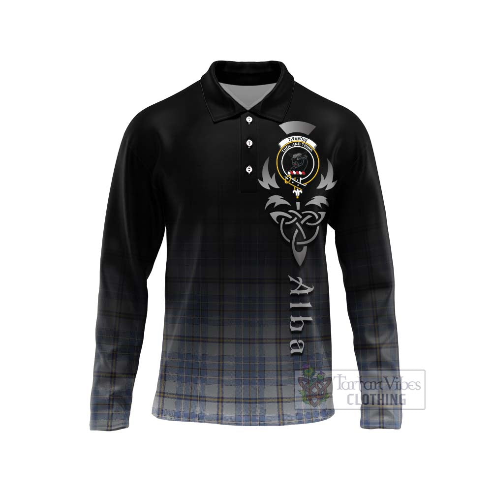 Tartan Vibes Clothing Tweedie Tartan Long Sleeve Polo Shirt Featuring Alba Gu Brath Family Crest Celtic Inspired