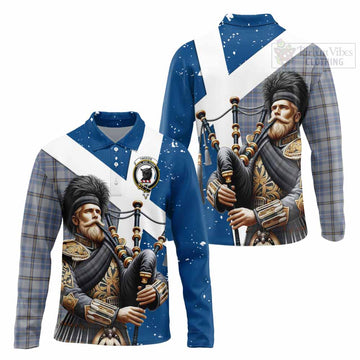 Tweedie Tartan Long Sleeve Polo Shirt with Family Crest Scottish Bagpiper Vibes