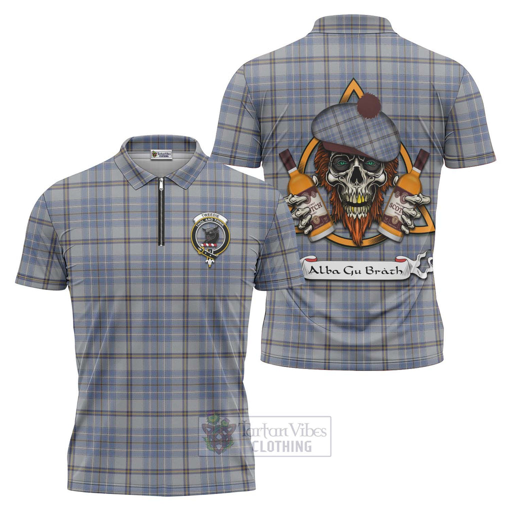 Tartan Vibes Clothing Tweedie Tartan Zipper Polo Shirt with Family Crest and Bearded Skull Holding Bottles of Whiskey