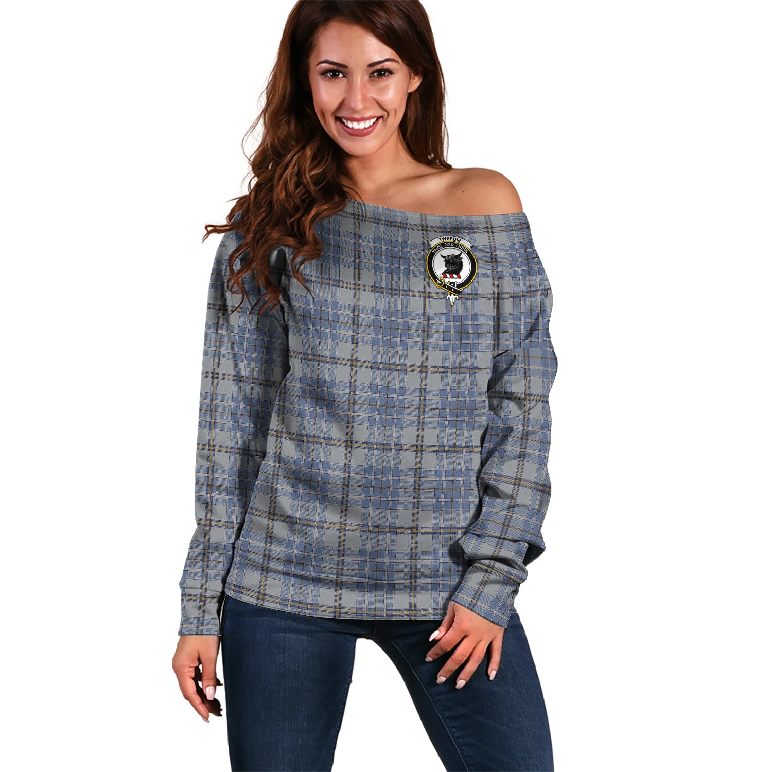 Tweedie Tartan Off Shoulder Women Sweater with Family Crest Women - Tartanvibesclothing Shop