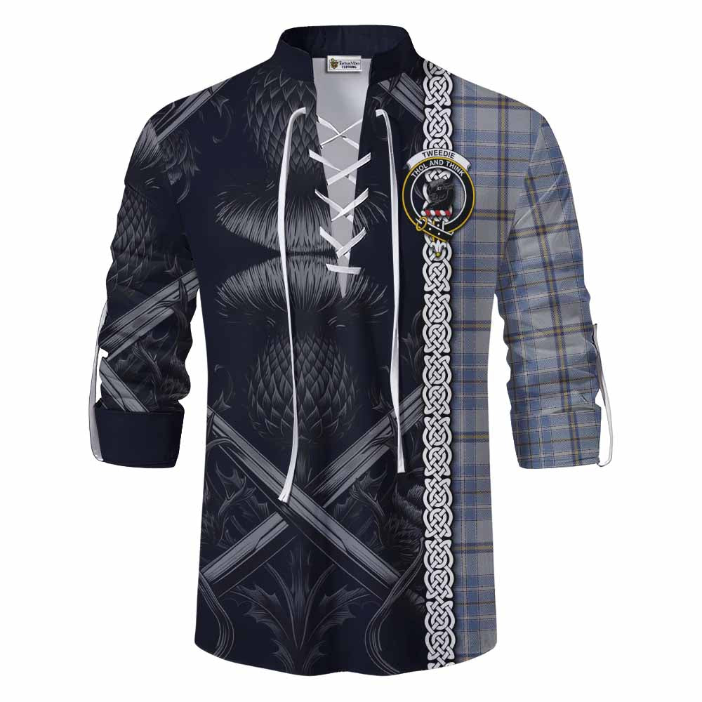 Tartan Vibes Clothing Tweedie Tartan Ghillie Kilt Shirt with Family Crest Cross Sword Thistle Celtic Vibes