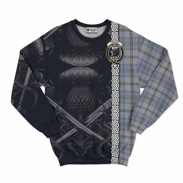 Tweedie Tartan Sweatshirt with Family Crest Cross Sword Thistle Celtic Vibes