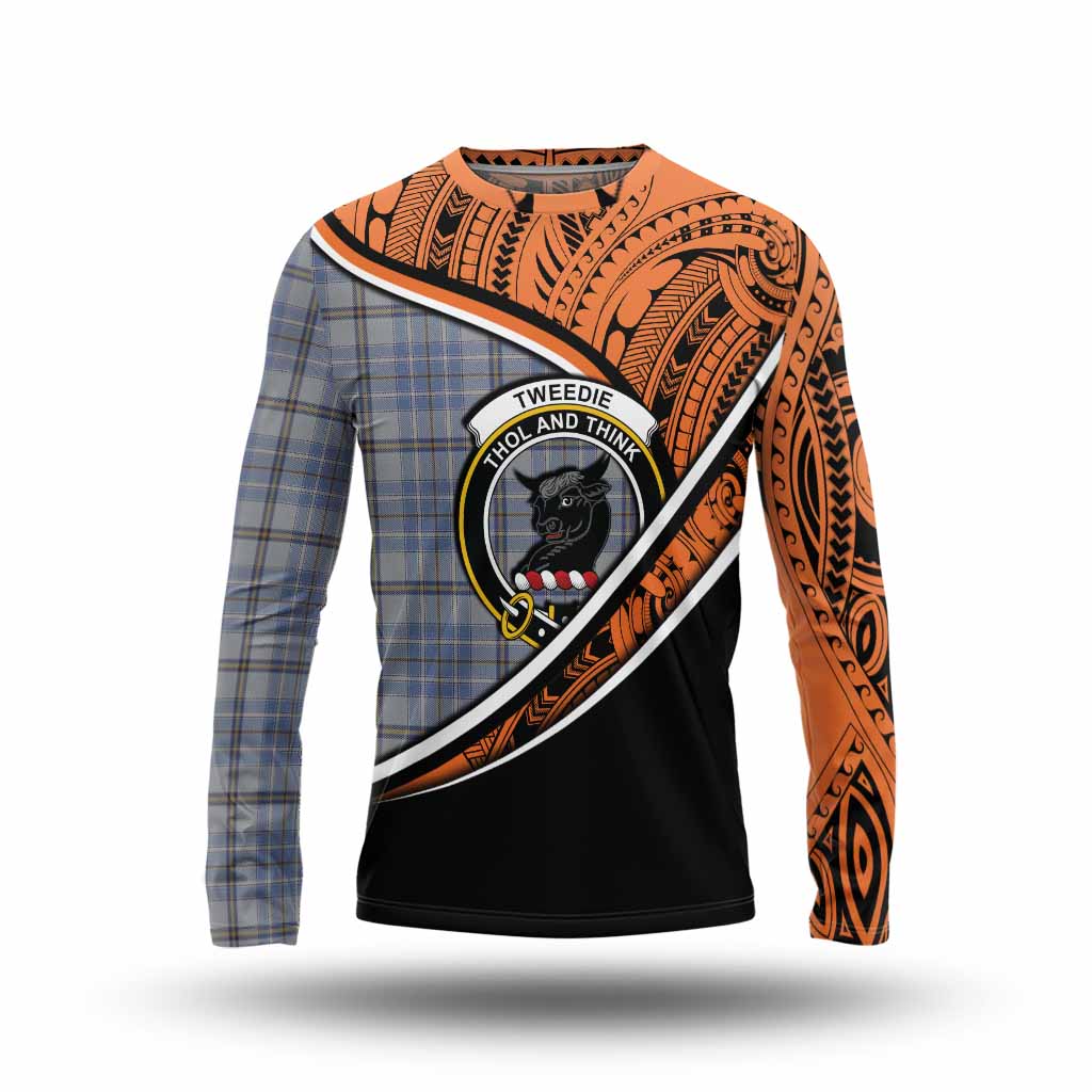 Tartan Vibes Clothing Tweedie Crest Tartan Long Sleeve T-Shirt with Maori Tattoo Style - Orange Version