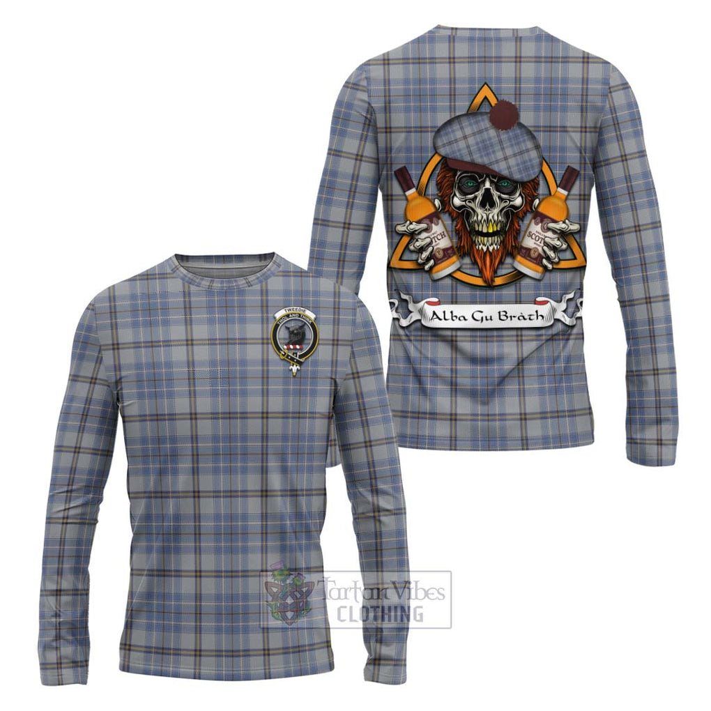 Tartan Vibes Clothing Tweedie Tartan Long Sleeve T-Shirt with Family Crest and Bearded Skull Holding Bottles of Whiskey