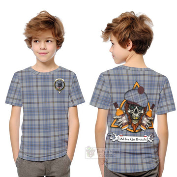 Tweedie Tartan Kid T-Shirt with Family Crest and Bearded Skull Holding Bottles of Whiskey