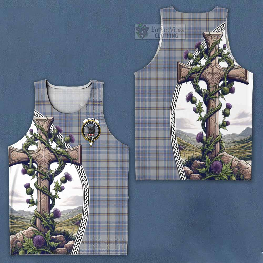 Tartan Vibes Clothing Tweedie Tartan Men's Tank Top with Family Crest and St. Andrew's Cross Accented by Thistle Vines