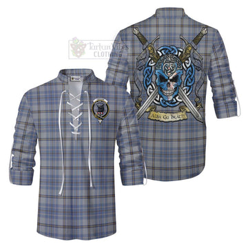 Tweedie Tartan Ghillie Kilt Shirt with Family Crest Celtic Skull Style