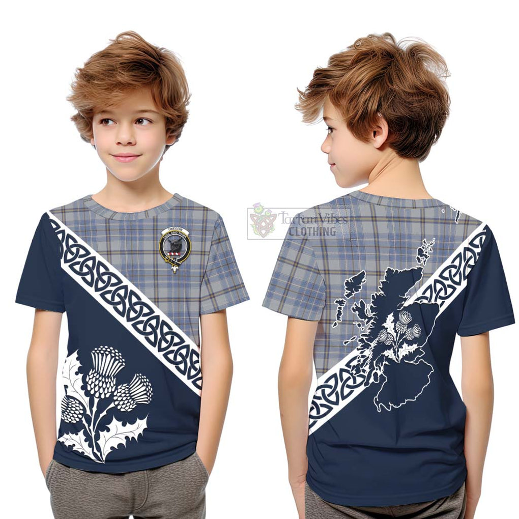 Tartan Vibes Clothing Tweedie Tartan Kid T-Shirt Featuring Thistle and Scotland Map