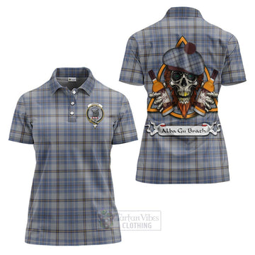 Tweedie Tartan Women's Polo Shirt with Family Crest and Bearded Skull Holding Bottles of Whiskey