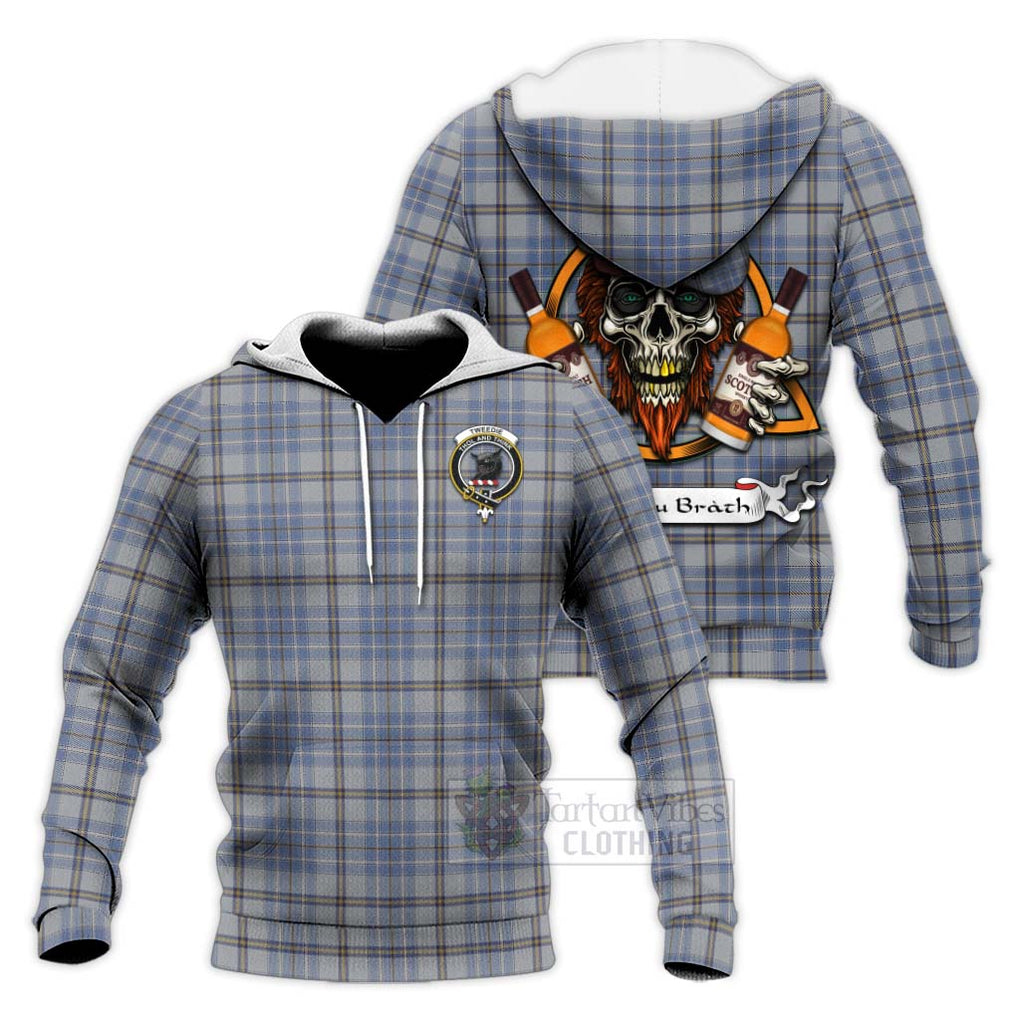 Tartan Vibes Clothing Tweedie Tartan Knitted Hoodie with Family Crest and Bearded Skull Holding Bottles of Whiskey