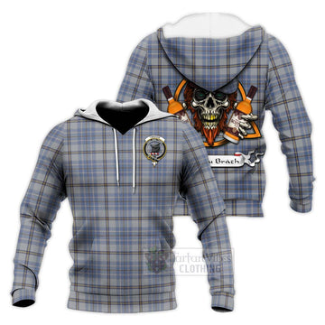 Tweedie Tartan Knitted Hoodie with Family Crest and Bearded Skull Holding Bottles of Whiskey