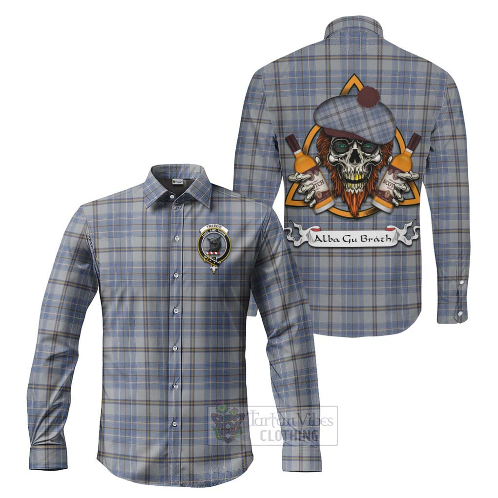 Tartan Vibes Clothing Tweedie Tartan Long Sleeve Button Shirt with Family Crest and Bearded Skull Holding Bottles of Whiskey