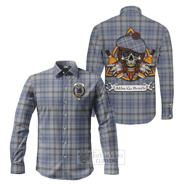 Tweedie Tartan Long Sleeve Button Shirt with Family Crest and Bearded Skull Holding Bottles of Whiskey