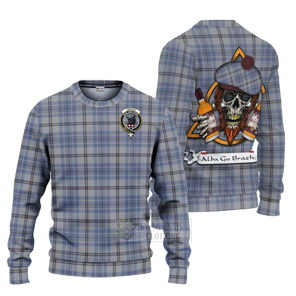 Tartan Vibes Clothing Tweedie Tartan Knitted Sweater with Family Crest and Bearded Skull Holding Bottles of Whiskey