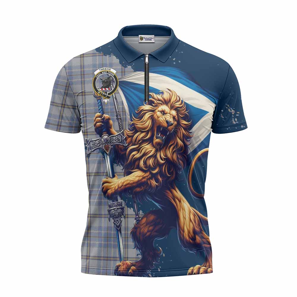 Tartan Vibes Clothing Tweedie Tartan Family Crest Zipper Polo Shirt with Scottish Majestic Lion