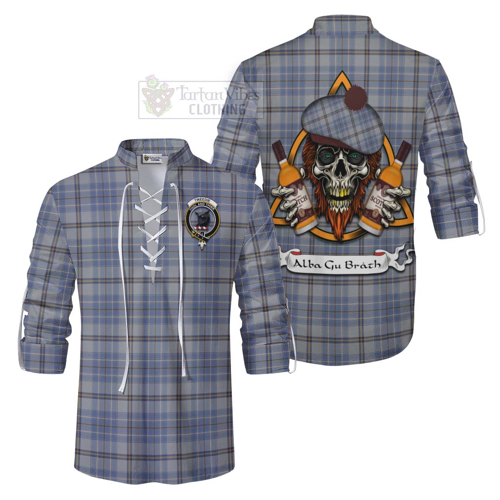 Tartan Vibes Clothing Tweedie Tartan Ghillie Kilt Shirt with Family Crest and Bearded Skull Holding Bottles of Whiskey