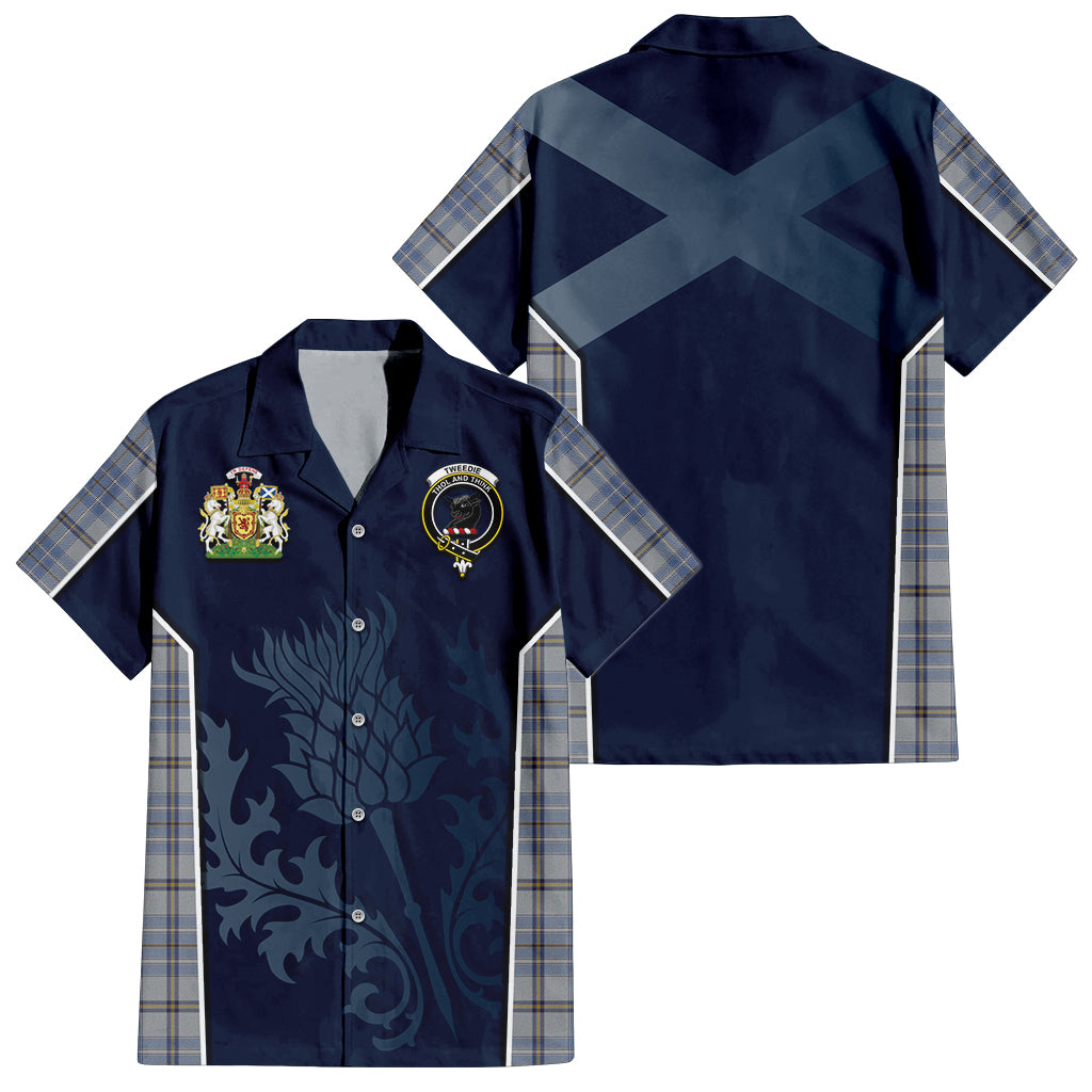 Tartan Vibes Clothing Tweedie Tartan Short Sleeve Button Up Shirt with Family Crest and Scottish Thistle Vibes Sport Style