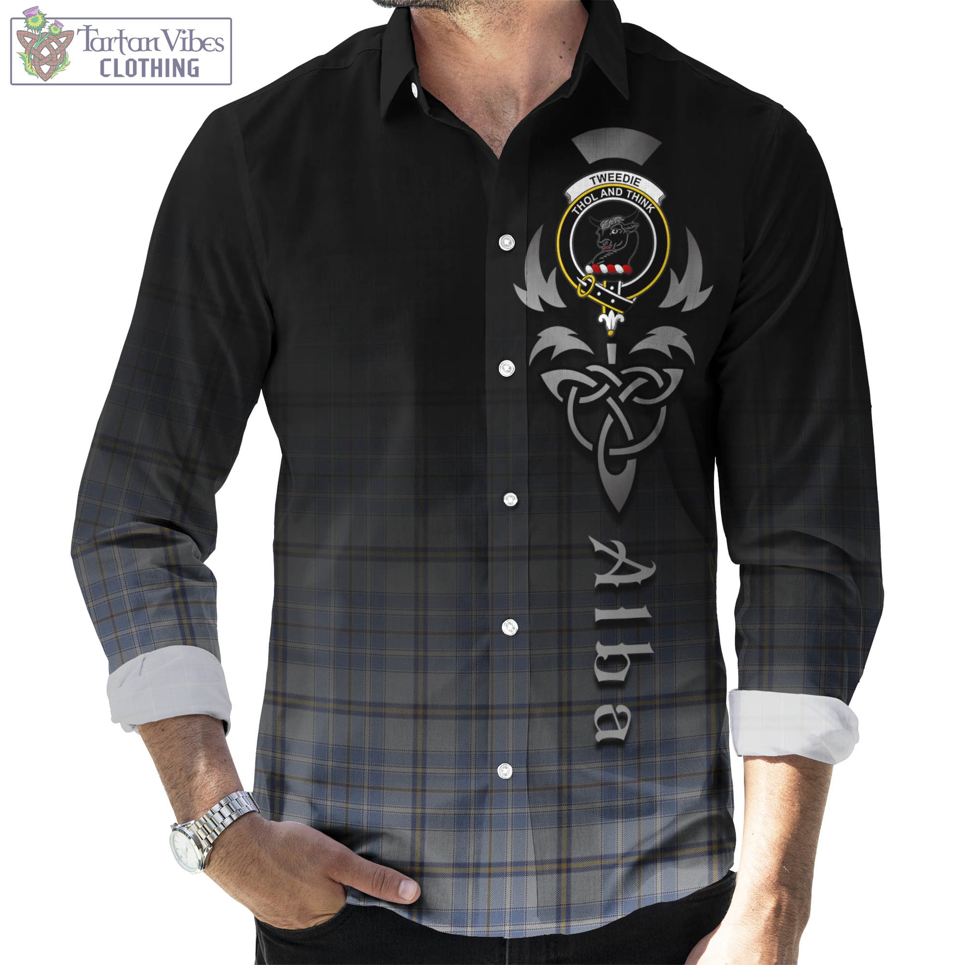 Tartan Vibes Clothing Tweedie Tartan Long Sleeve Button Up Featuring Alba Gu Brath Family Crest Celtic Inspired